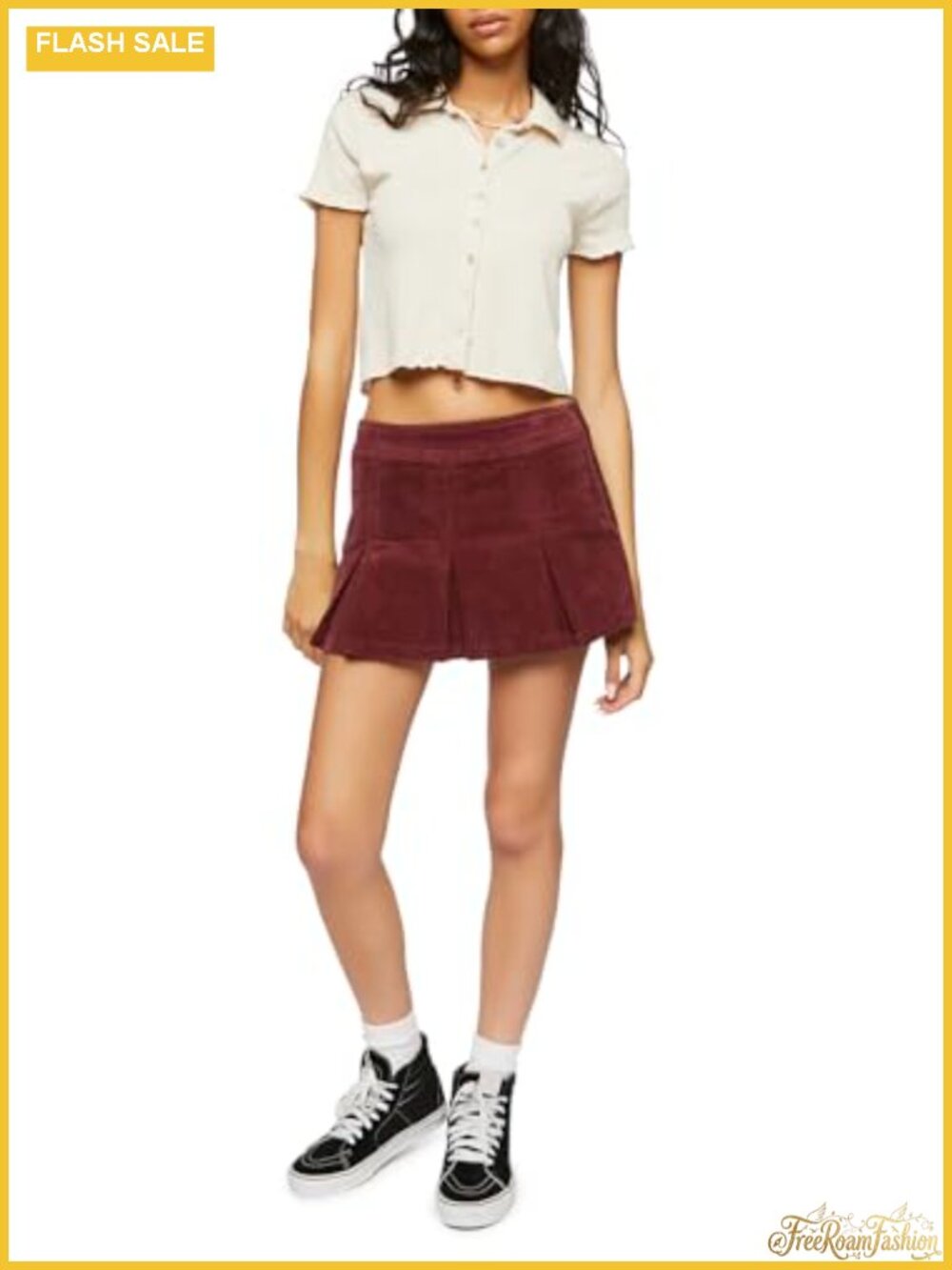 Women's Pleated Corduroy Mini Skirt Low Rise Drop Waist - Picture 4 of 5